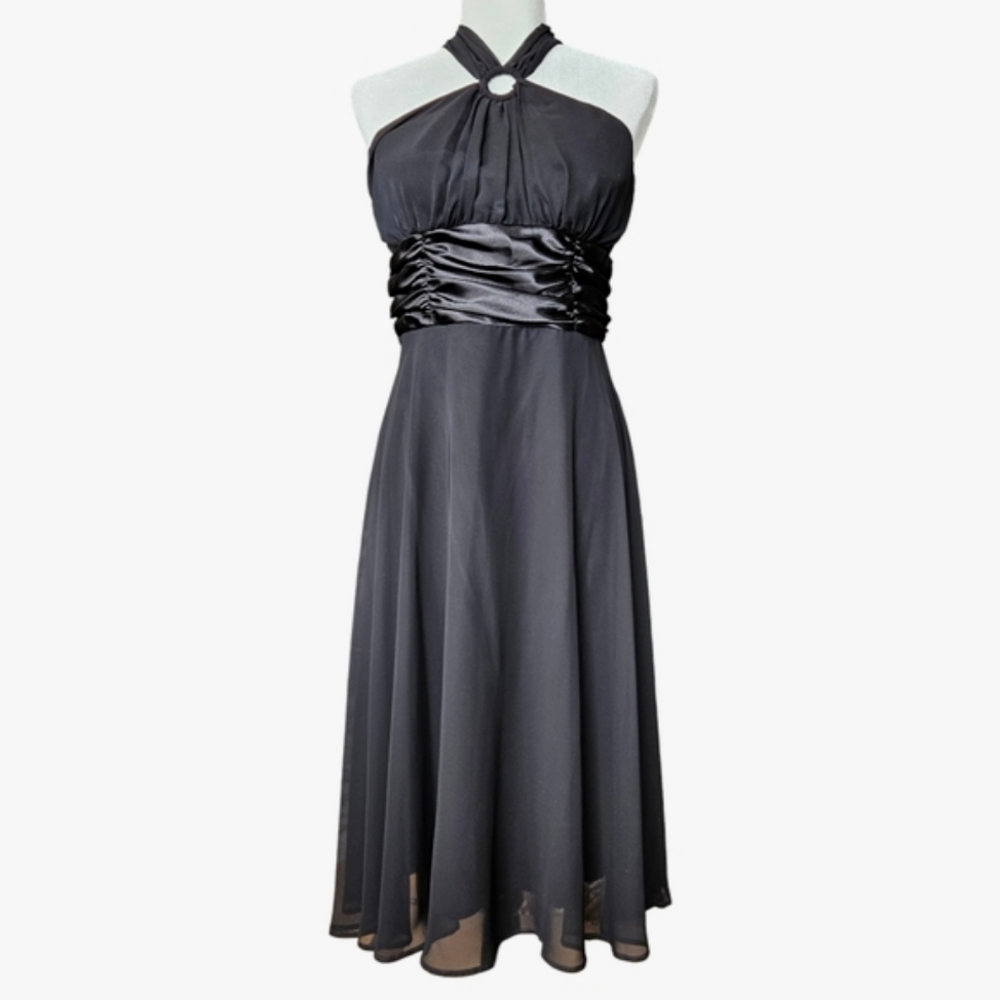 Connected Apparel strapless black chiffon midi dress ties around neck Size 12